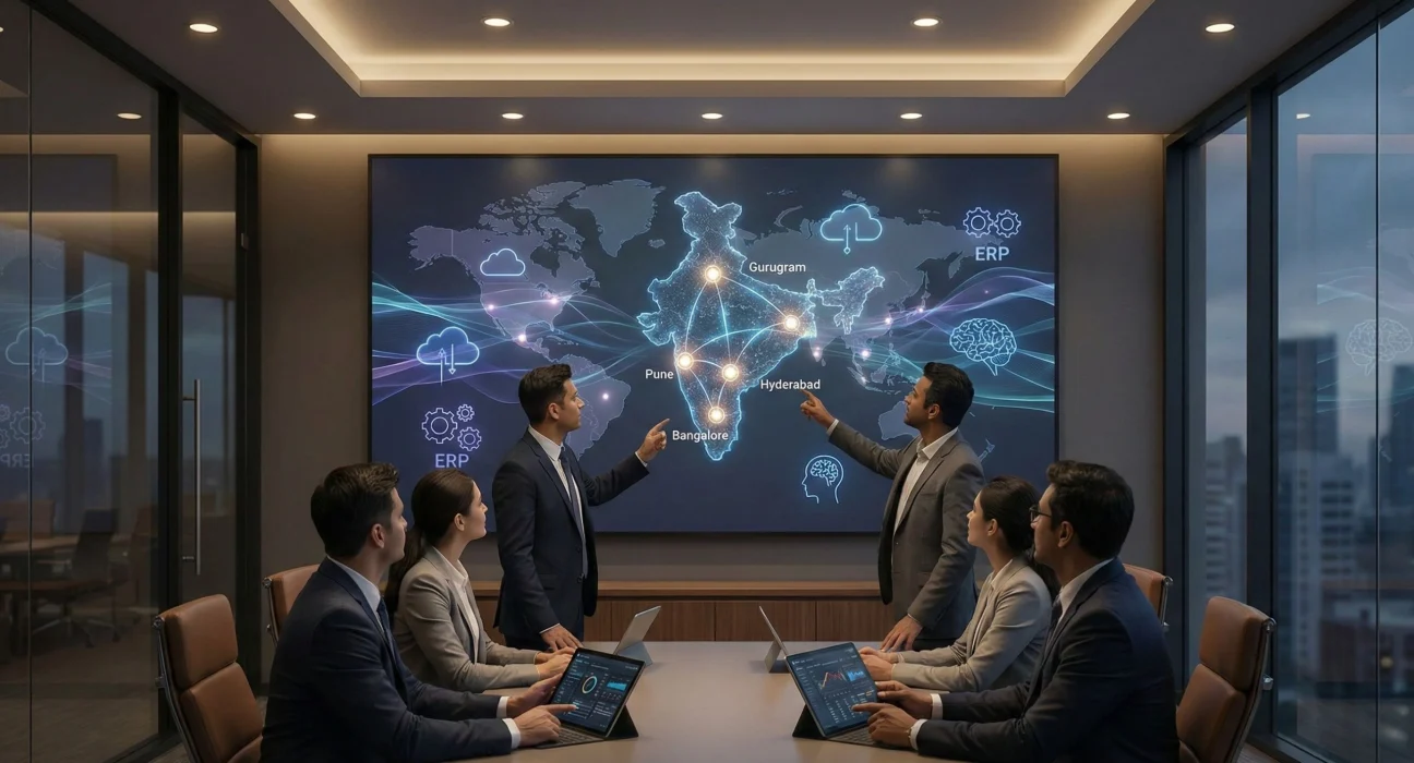 A professional boardroom setting where a team of business executives is gathered around a large conference table. Two men stand at the front, pointing toward a massive wall-mounted digital screen displaying a glowing map of India. The map highlights key tech hubs including Gurugram, Pune, Hyderabad, and Bangalore, connected by luminous data lines. The display features futuristic icons for ERP systems, cloud computing, and artificial intelligence. Seated team members use tablets to track real-time data, while large windows in the background reveal a dusk-lit cityscape, emphasizing a theme of national digital transformation and corporate strategy.