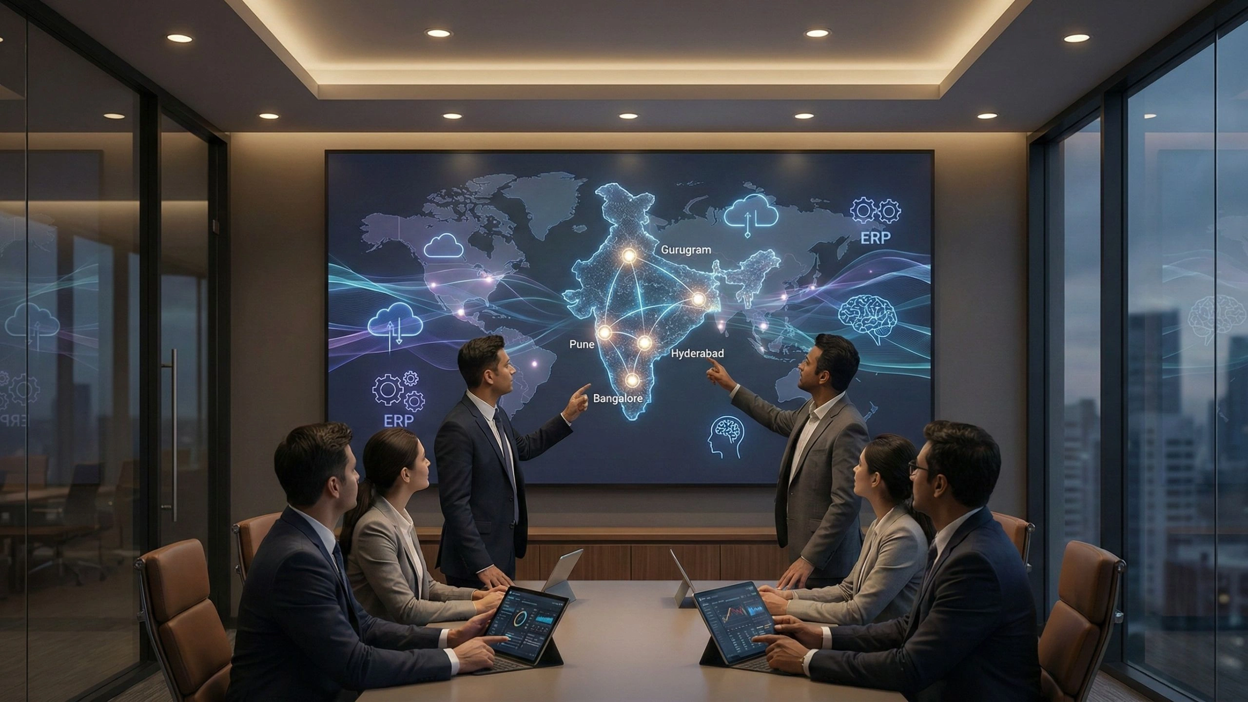 A professional boardroom setting where a team of business executives is gathered around a large conference table. Two men stand at the front, pointing toward a massive wall-mounted digital screen displaying a glowing map of India. The map highlights key tech hubs including Gurugram, Pune, Hyderabad, and Bangalore, connected by luminous data lines. The display features futuristic icons for ERP systems, cloud computing, and artificial intelligence. Seated team members use tablets to track real-time data, while large windows in the background reveal a dusk-lit cityscape, emphasizing a theme of national digital transformation and corporate strategy.