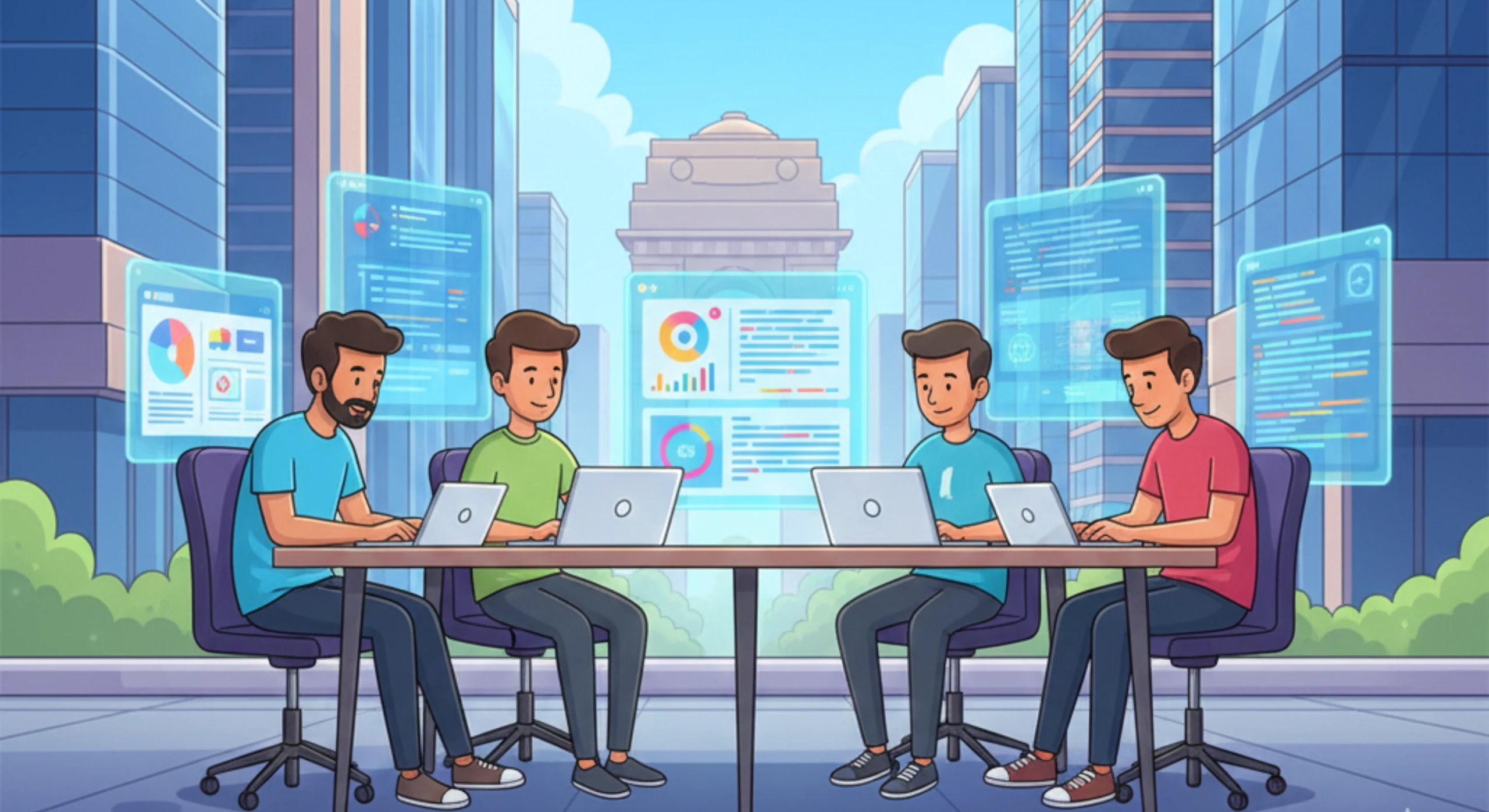 Realistic office scene of mobile app developers in Delhi NCR working on Android and iOS applications.