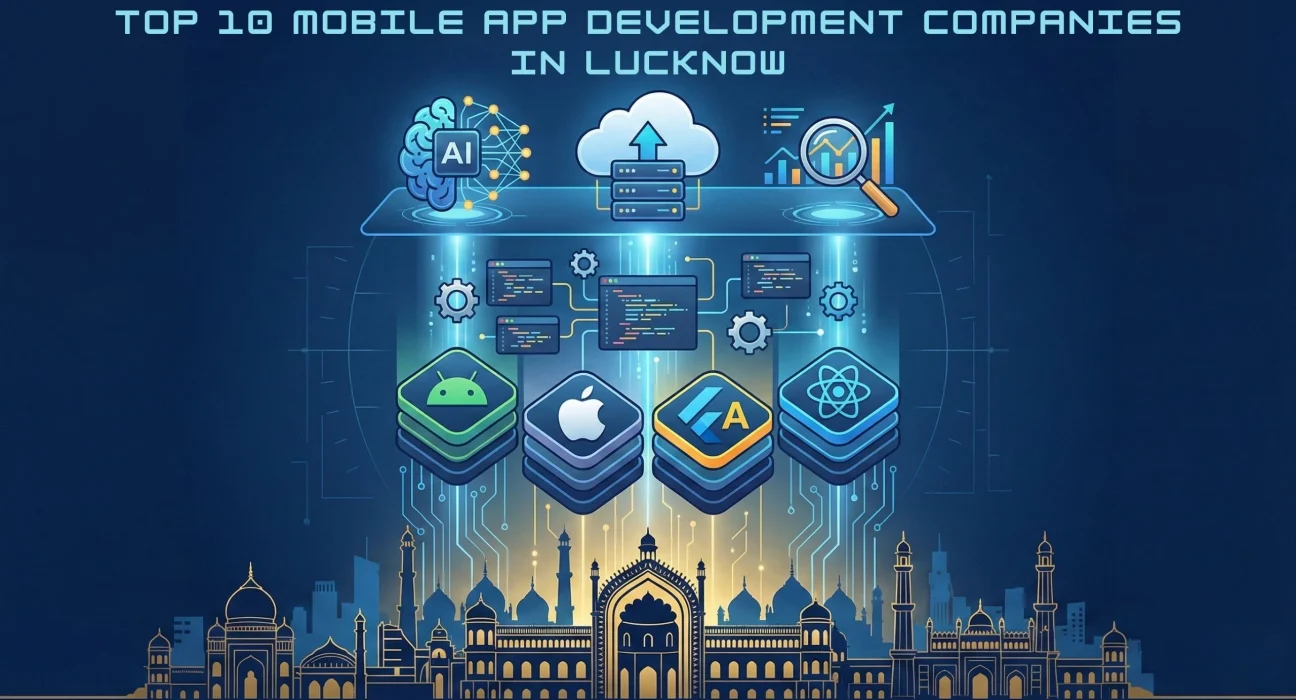 Illustration showcasing the top 10 mobile app development companies in Lucknow, featuring Android, iOS, Flutter, and React Native app development technologies with AI, cloud, analytics icons, and Lucknow city skyline in the background.