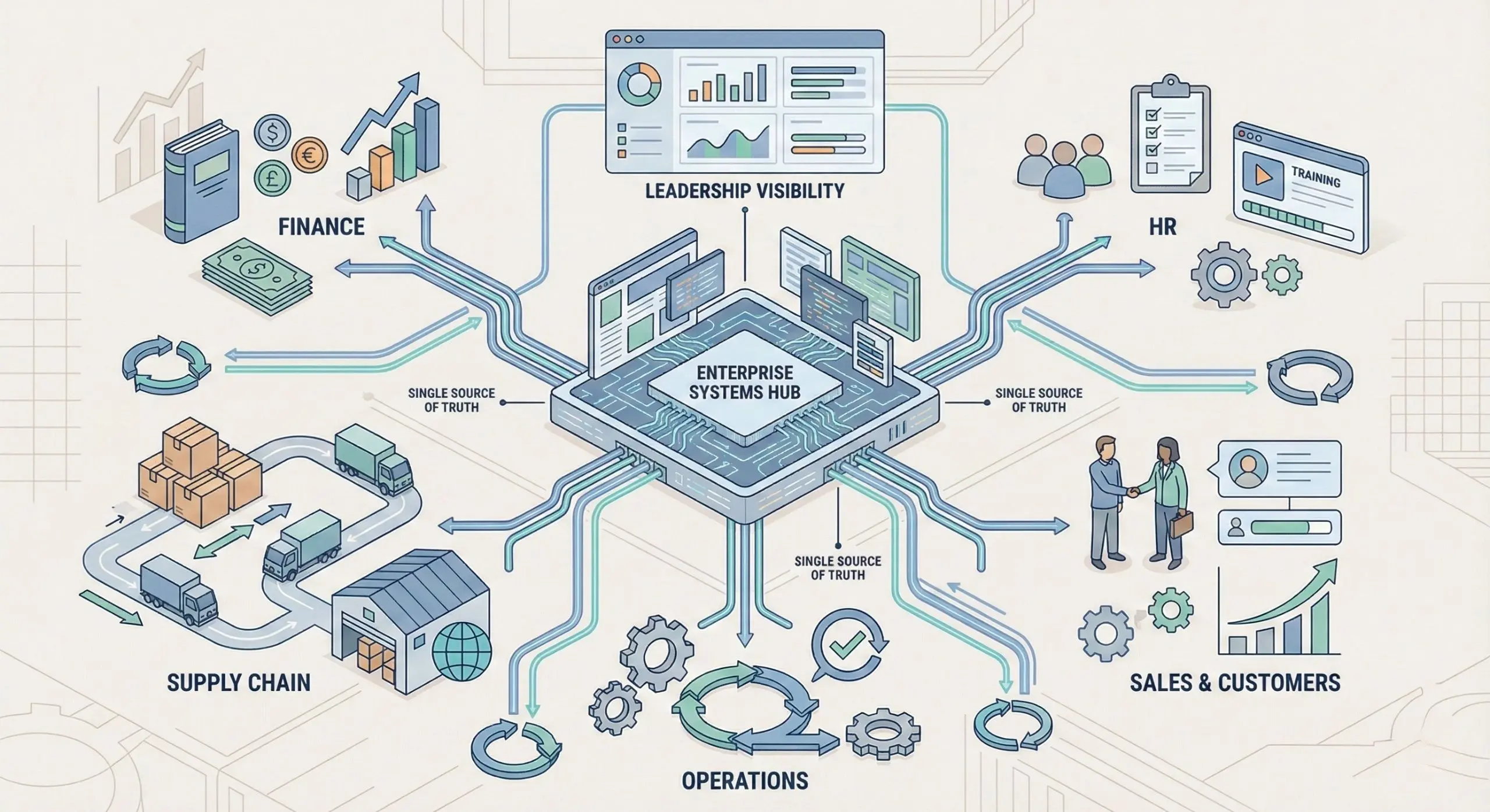 Illustration of an ERP enterprise systems hub acting as a single source of truth, connecting finance, supply chain, operations, HR, sales, customers, and leadership visibility through integrated data flows and dashboards.