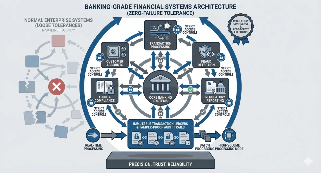 Enterprise illustration of a banking-grade financial systems architecture showing a central core banking system connected to transaction processing, customer accounts, fraud detection, regulatory reporting, and audit and compliance modules, all protected by strict access controls. The diagram highlights immutable transaction ledgers, tamper-proof audit trails, real-time and batch processing, high-volume processing nodes, and regulatory confidence, contrasted with faded normal enterprise systems on the side to emphasize precision, trust, and zero-defect execution.