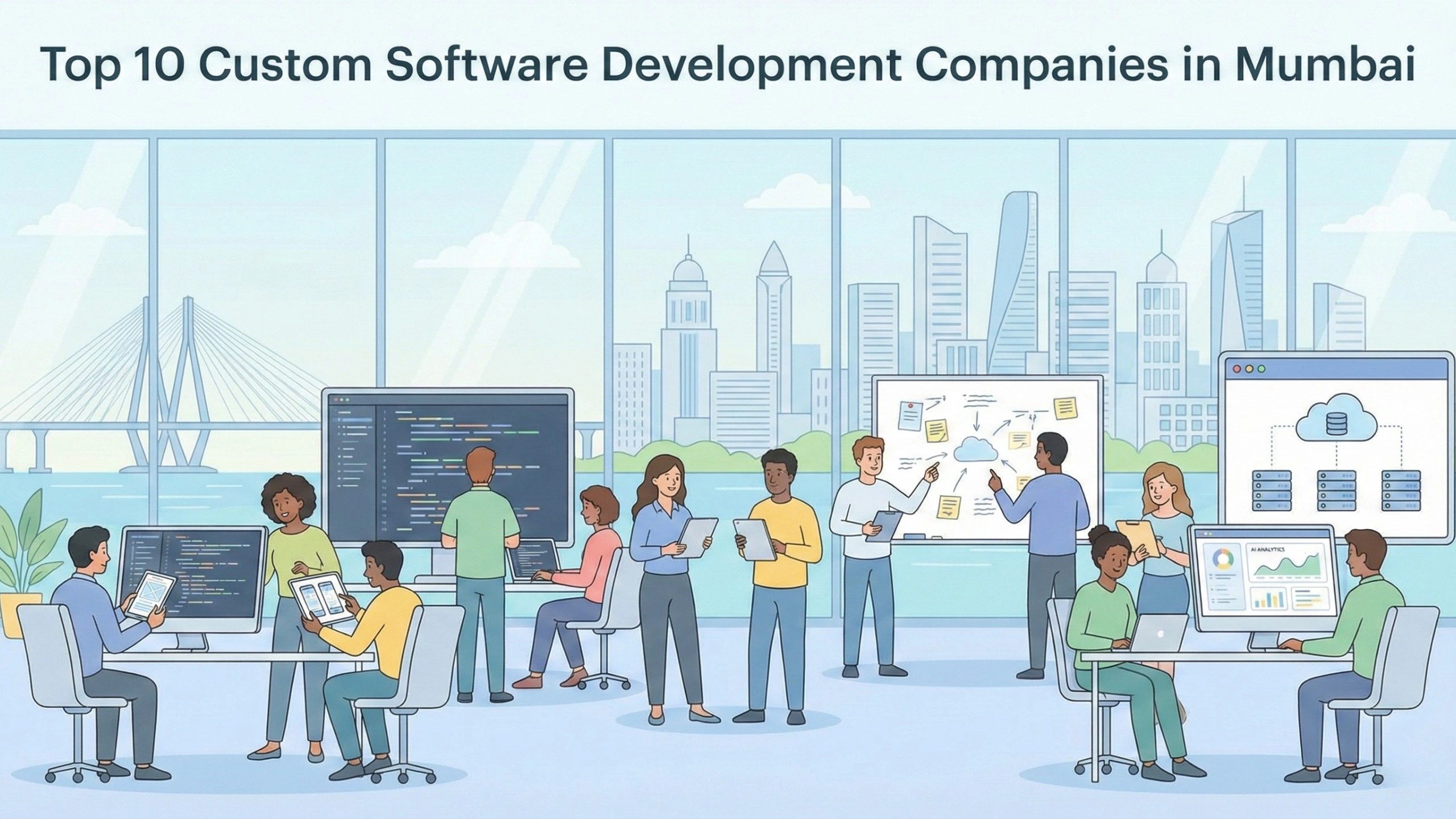 Illustration of a modern software development office in Mumbai with teams collaborating on coding, cloud architecture, and analytics, large screens displaying code and system diagrams, and the Mumbai skyline with the Bandra–Worli Sea Link visible through office windows, representing leading custom software development companies.