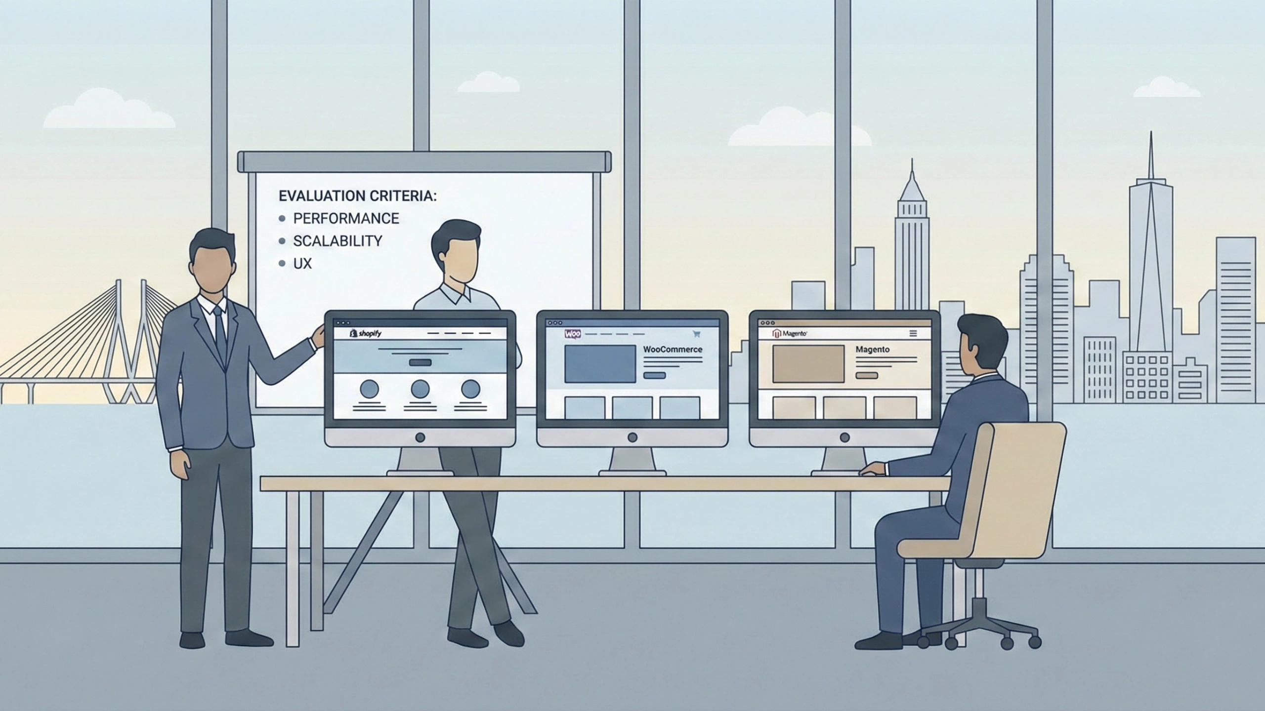 An illustration of three professionals in an office with a city skyline view, evaluating e-commerce platforms. Three computer monitors display interfaces for Shopify, WooCommerce, and Magento. A presentation board in the background lists 'Evaluation Criteria' as Performance, Scalability, and UX.
