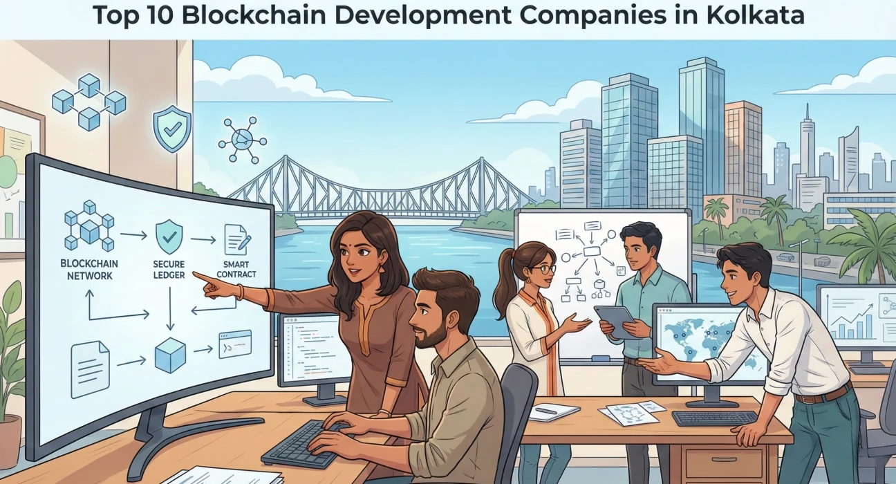 Illustration of a blockchain development team collaborating in a modern office with screens displaying blockchain network, secure ledger, and smart contract workflows, set against the Kolkata skyline with the Howrah Bridge in the background, representing top blockchain development companies in Kolkata.