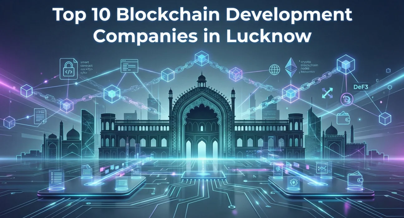 High-tech digital rendering of the Rumi Darwaza sitting on a circuit board floor with glowing floating chains and crypto assets.