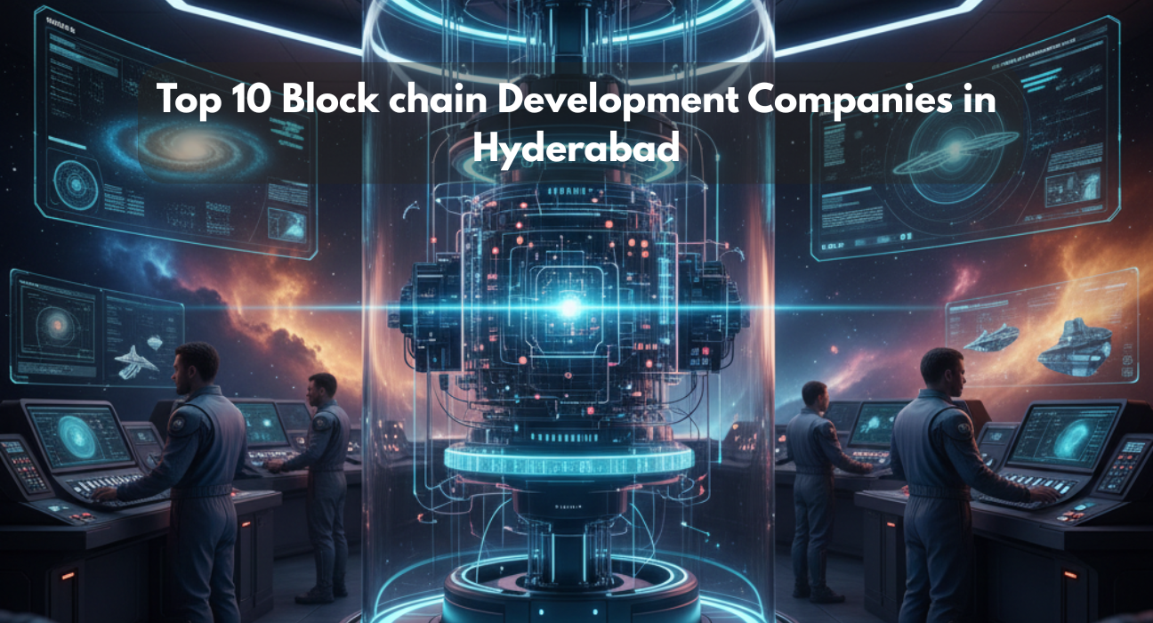 Top blockchain development companies in Hyderabad with digital blockchain networks and modern Cyberabad skyline