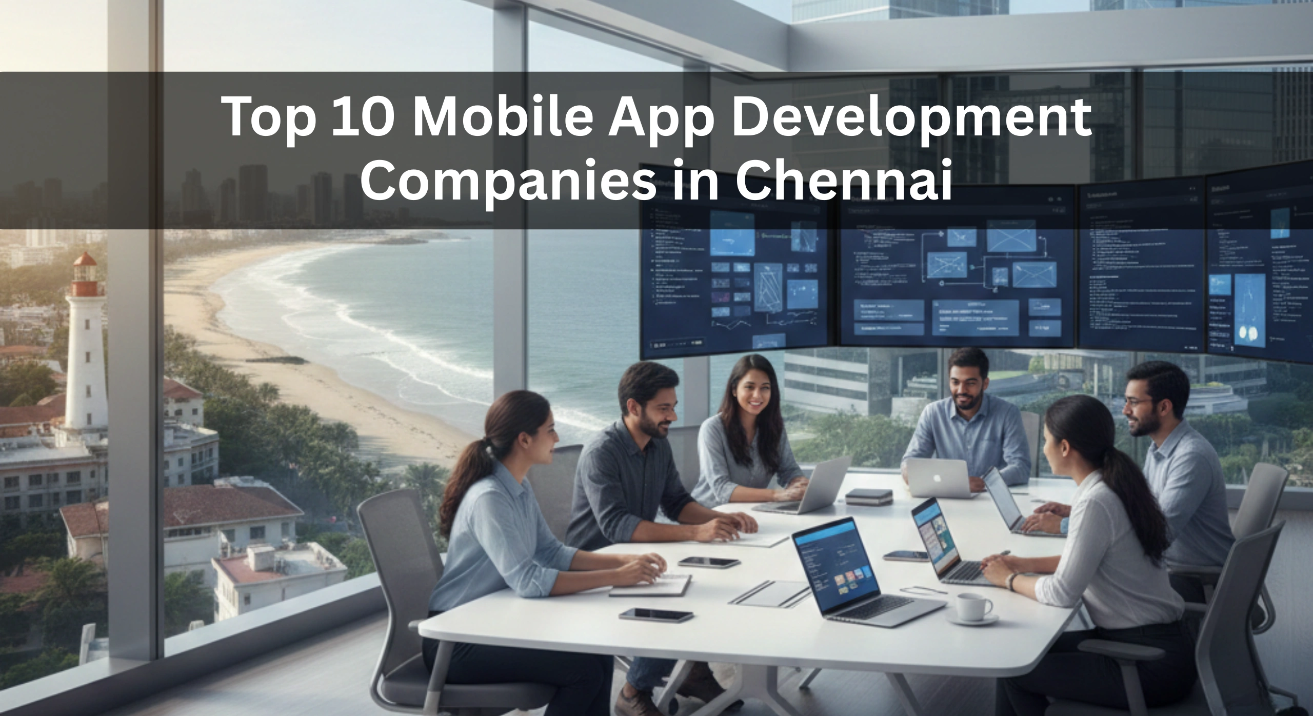 Top 10 mobile app development companies in Chennai with developers collaborating in a modern office overlooking Marina Beach