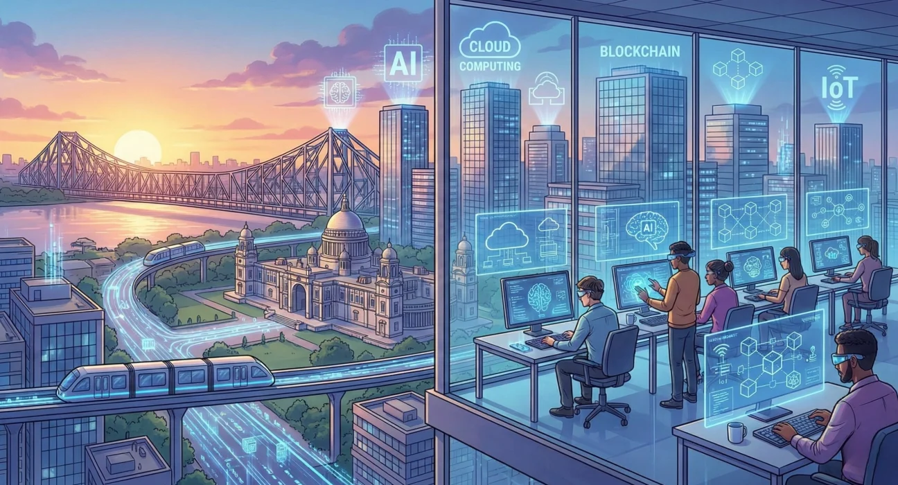 A split-view digital illustration featuring a futuristic cityscape at sunset on the left and a high-tech office interior on the right. The city side displays a large suspension bridge, a high-speed monorail, and a classic domed building integrated with modern skyscrapers. The office side shows diverse professionals wearing VR headsets and working at computer stations. Above the skyline and within the office, glowing holographic icons and text labels identify "AI," "Cloud Computing," "Blockchain," and "IoT," symbolizing a highly connected, data-driven urban environment.