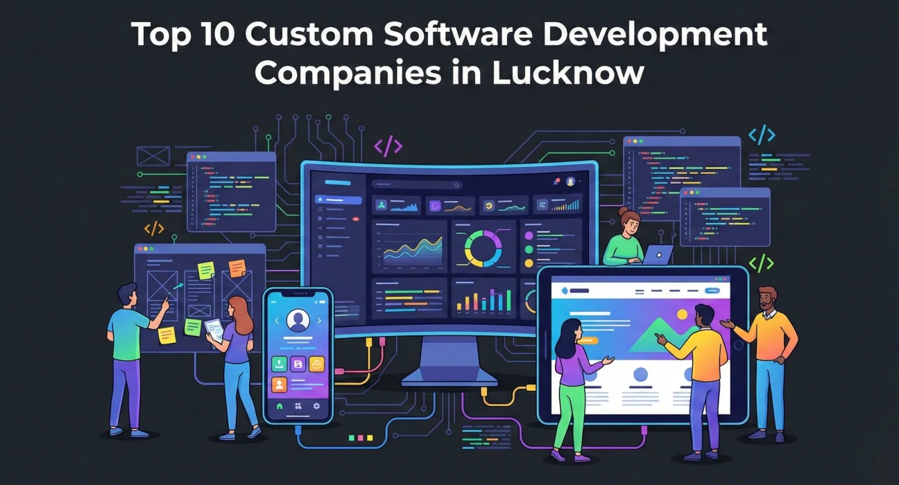 Illustration showing developers and designers collaborating on web and mobile applications, with dashboards, code editors, UI wireframes, and analytics screens connected through digital circuits, representing custom software, web, and mobile app development by leading software companies in Lucknow.