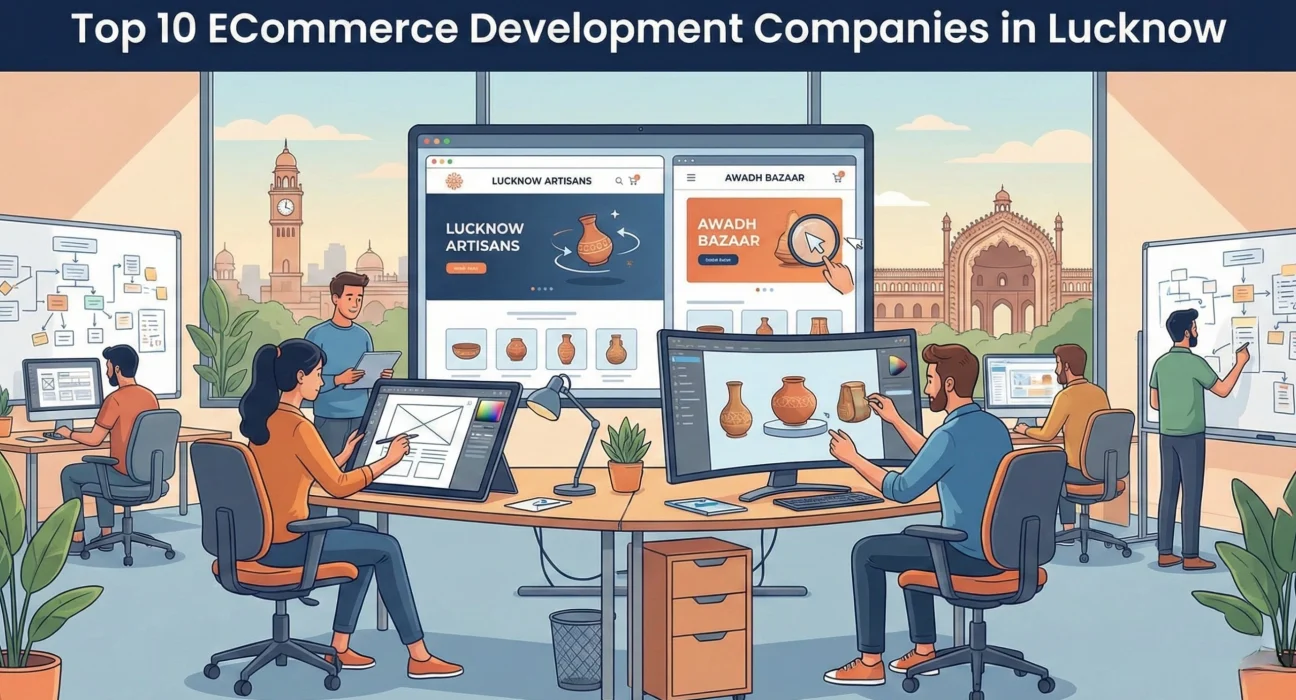 Illustration of an eCommerce development team in Lucknow designing online marketplaces for local artisans, showing designers and developers working on product pages, UI wireframes, and digital storefronts with Lucknow heritage landmarks visible in the background.