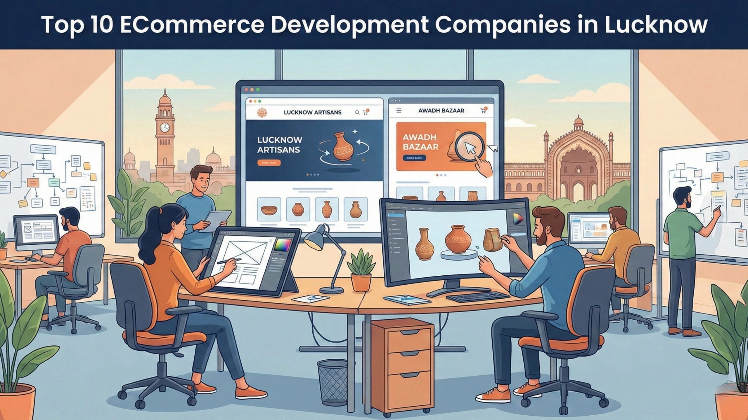 Illustration of an eCommerce development team in Lucknow designing online marketplaces for local artisans, showing designers and developers working on product pages, UI wireframes, and digital storefronts with Lucknow heritage landmarks visible in the background.