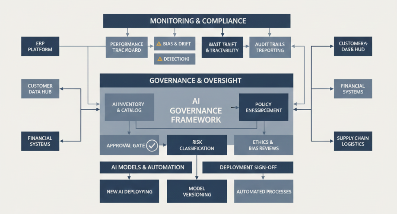 Diagram illustrating enterprise AI governance with centralized oversight, risk management, compliance monitoring, audit trails, and controlled AI deployments across business systems