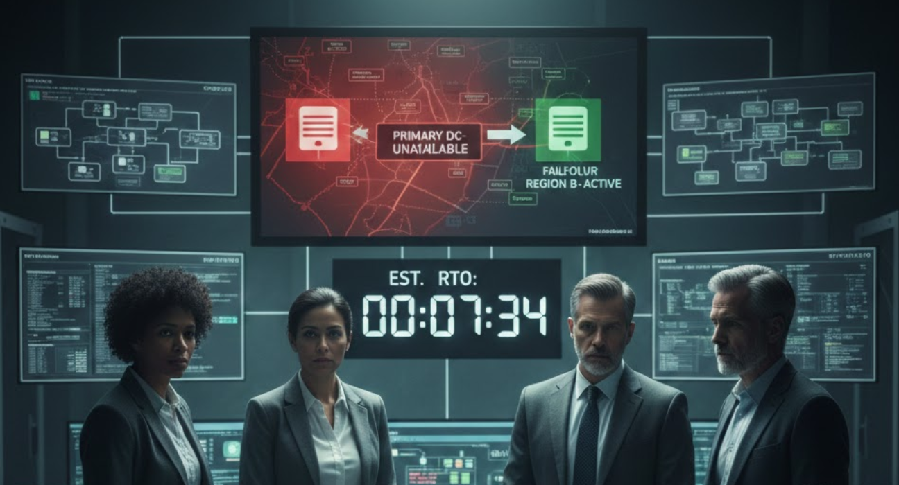 Enterprise disaster recovery scenario showing IT teams executing failover, system recovery, and business continuity processes for mission-critical applications during a major outage.