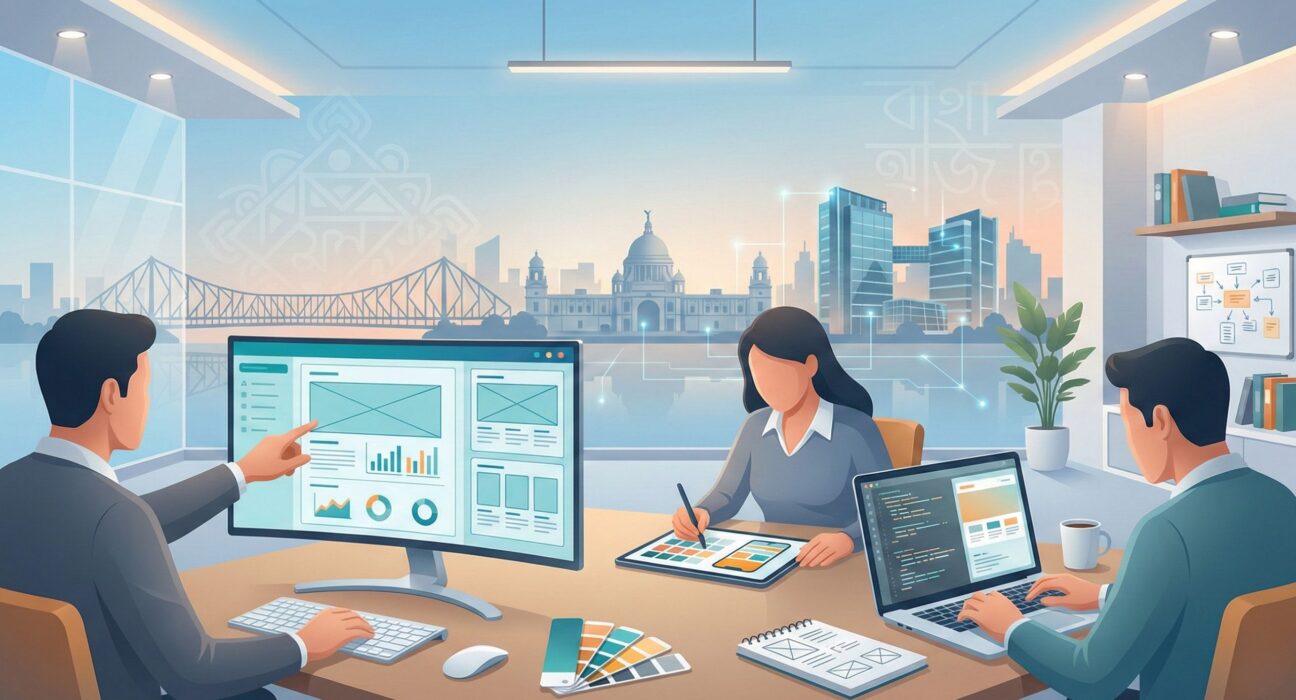 Illustration of a professional web design team collaborating in a modern office with large screens showing wireframes, analytics, and UI layouts, set against a panoramic Kolkata skyline featuring Howrah Bridge, Victoria Memorial, and contemporary tech buildings.