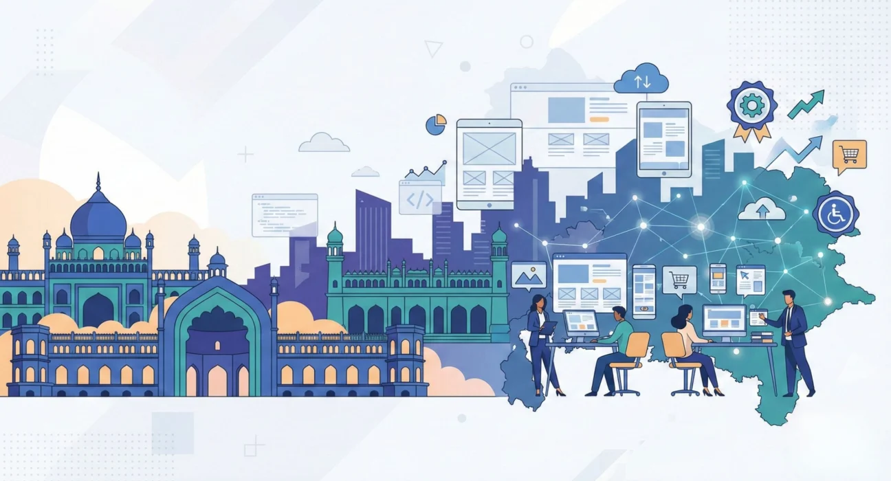 Illustration showing Lucknow’s web design and digital ecosystem with designers and developers building websites, mobile-responsive layouts, e-commerce platforms, and cloud-based solutions, integrated with iconic Lucknow architecture and city skyline, representing top web design companies in Lucknow.