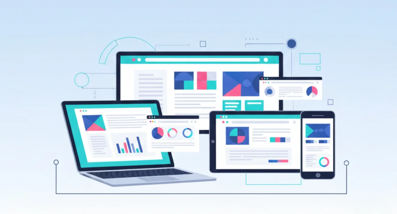 Illustration showing responsive web design layouts displayed on multiple devices, including a laptop, desktop monitor, tablet, and smartphone, featuring colorful charts, graphs, and UI elements on a light blue background.