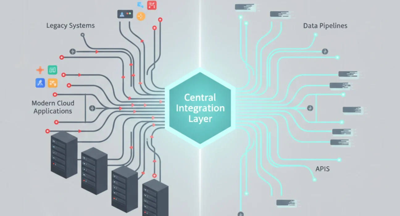 Illustration of enterprise systems overcoming integration bottlenecks through optimized integration architecture.
