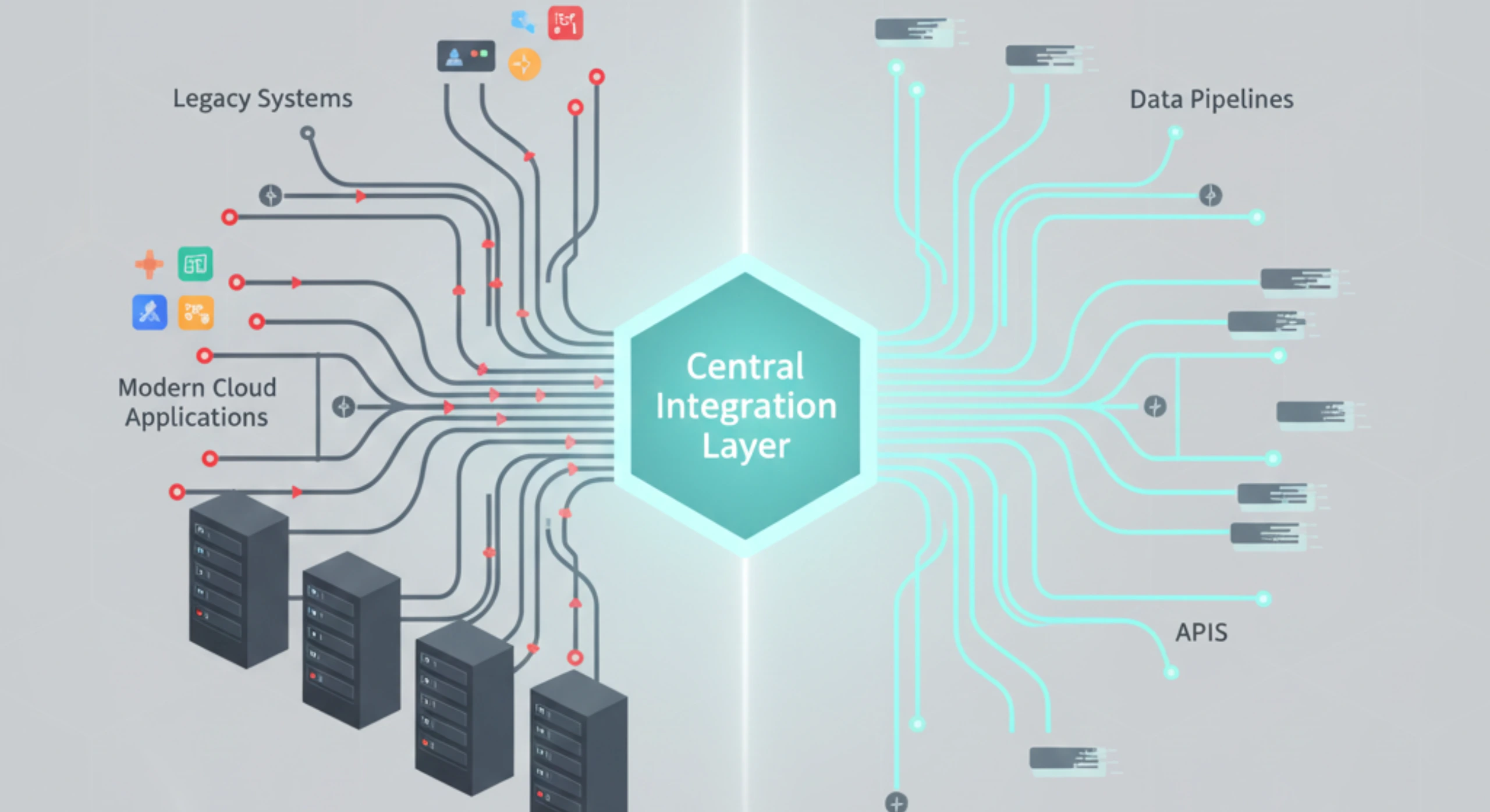 Illustration of enterprise systems overcoming integration bottlenecks through optimized integration architecture.