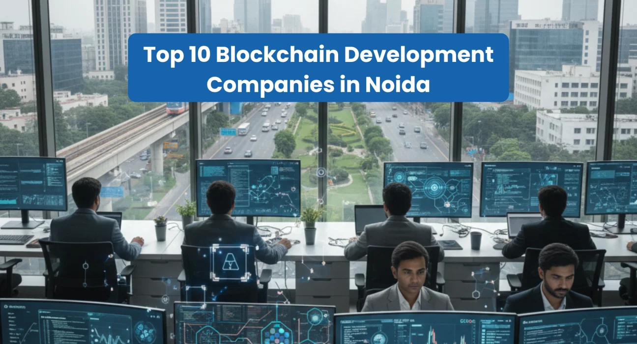 Blockchain developers working in a modern Noida office with metro and city skyline view, representing top blockchain development companies in Noida.