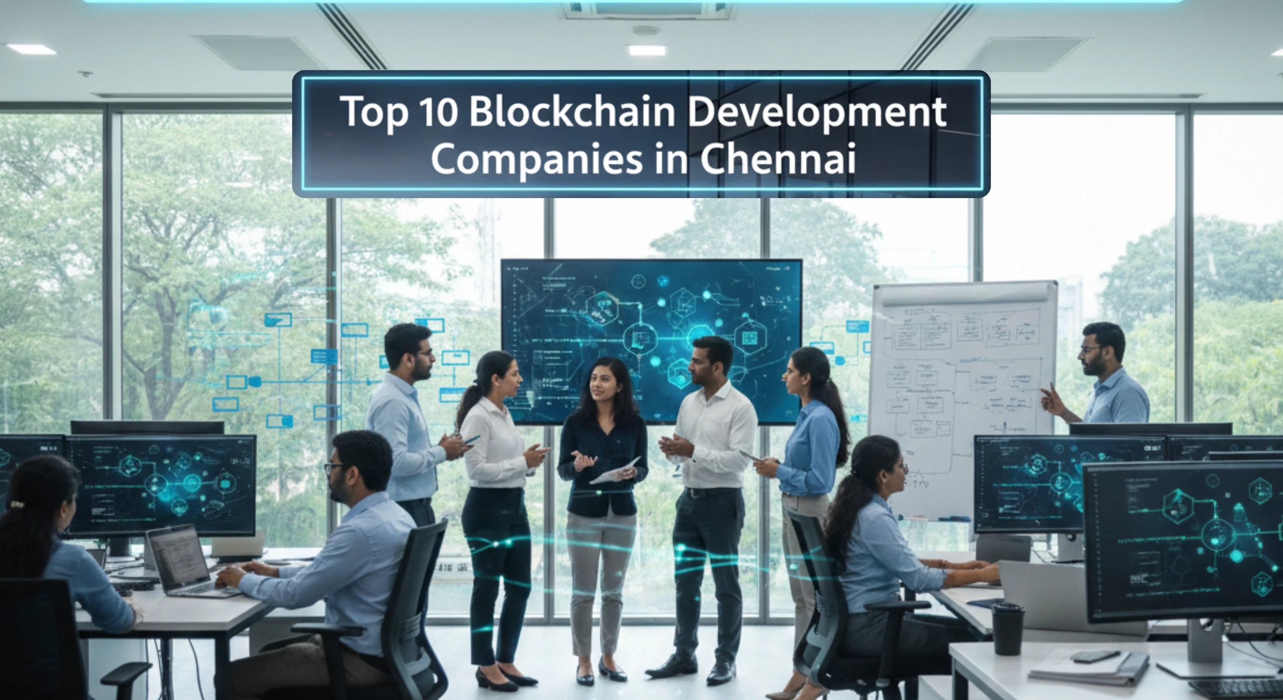 Blockchain development team collaborating in a modern Chennai office, with smart contract dashboards, decentralised network visuals, and enterprise technology systems.