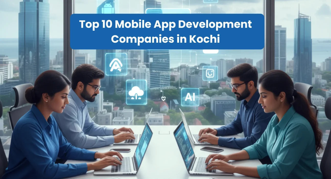 Mobile app developers in Kochi collaborating on Android, iOS, AI, and cloud application development in a modern corporate office environment.
