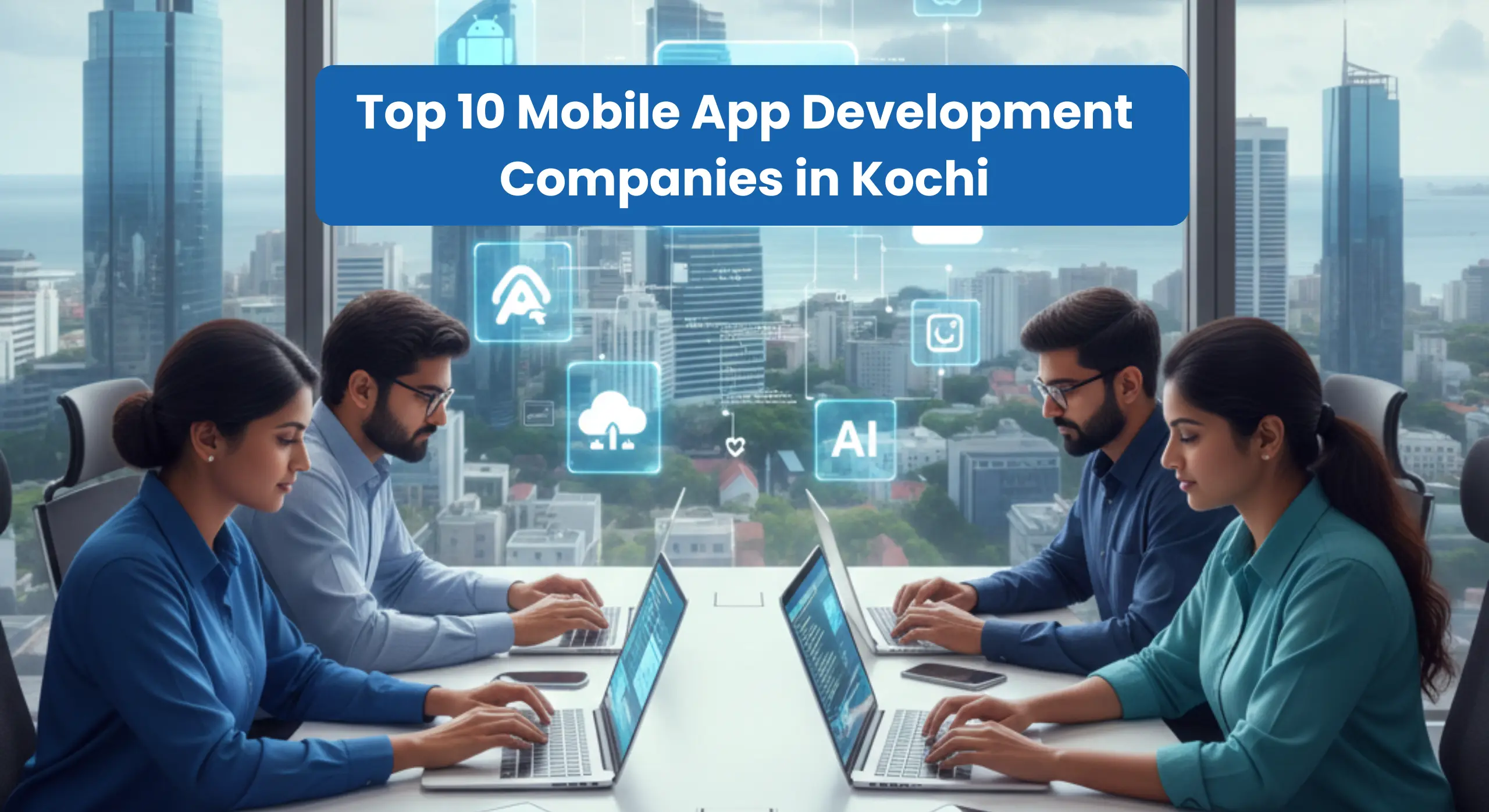 Mobile app developers in Kochi collaborating on Android, iOS, AI, and cloud application development in a modern corporate office environment.