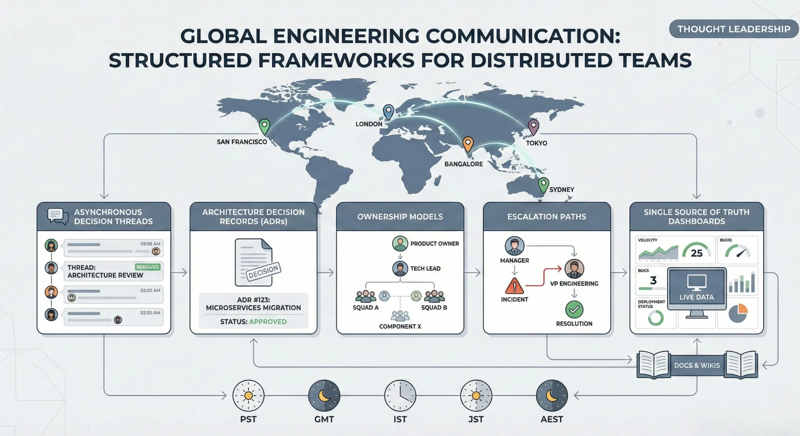 Distributed global engineering teams collaborating through structured communication frameworks, asynchronous decision-making, and documented technical alignment across time zones.