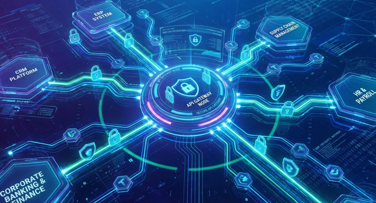 Secure enterprise API integrations connecting multiple systems with authentication and access controls