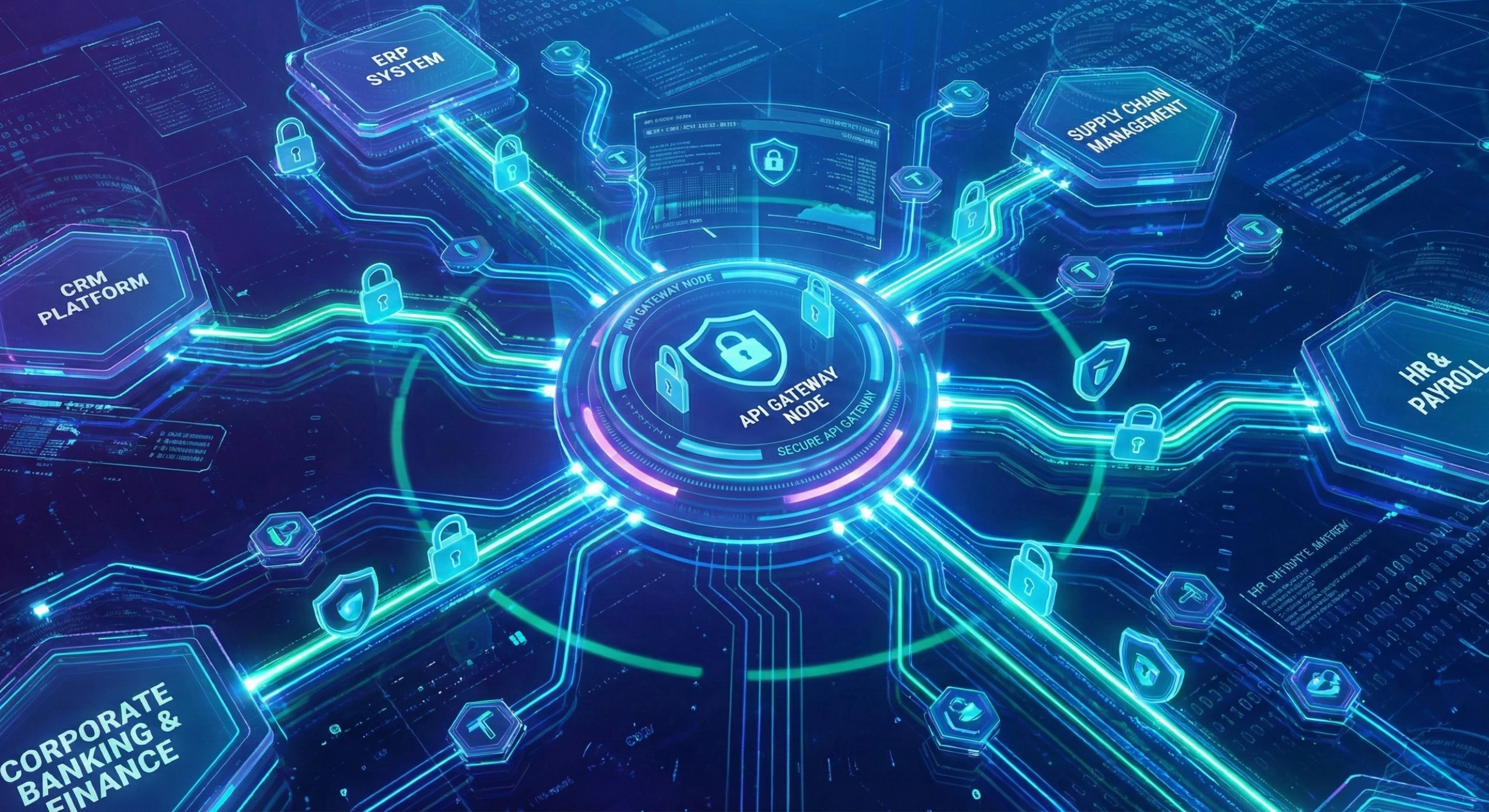 Secure enterprise API integrations connecting multiple systems with authentication and access controls