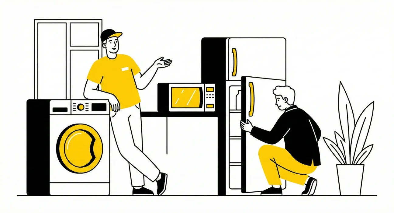 Person showing a used home appliance to a local buyer during inspection