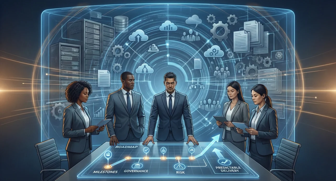 Enterprise program delivery with predictable outcomes, showing dashboards, cross-team coordination, and governance structures