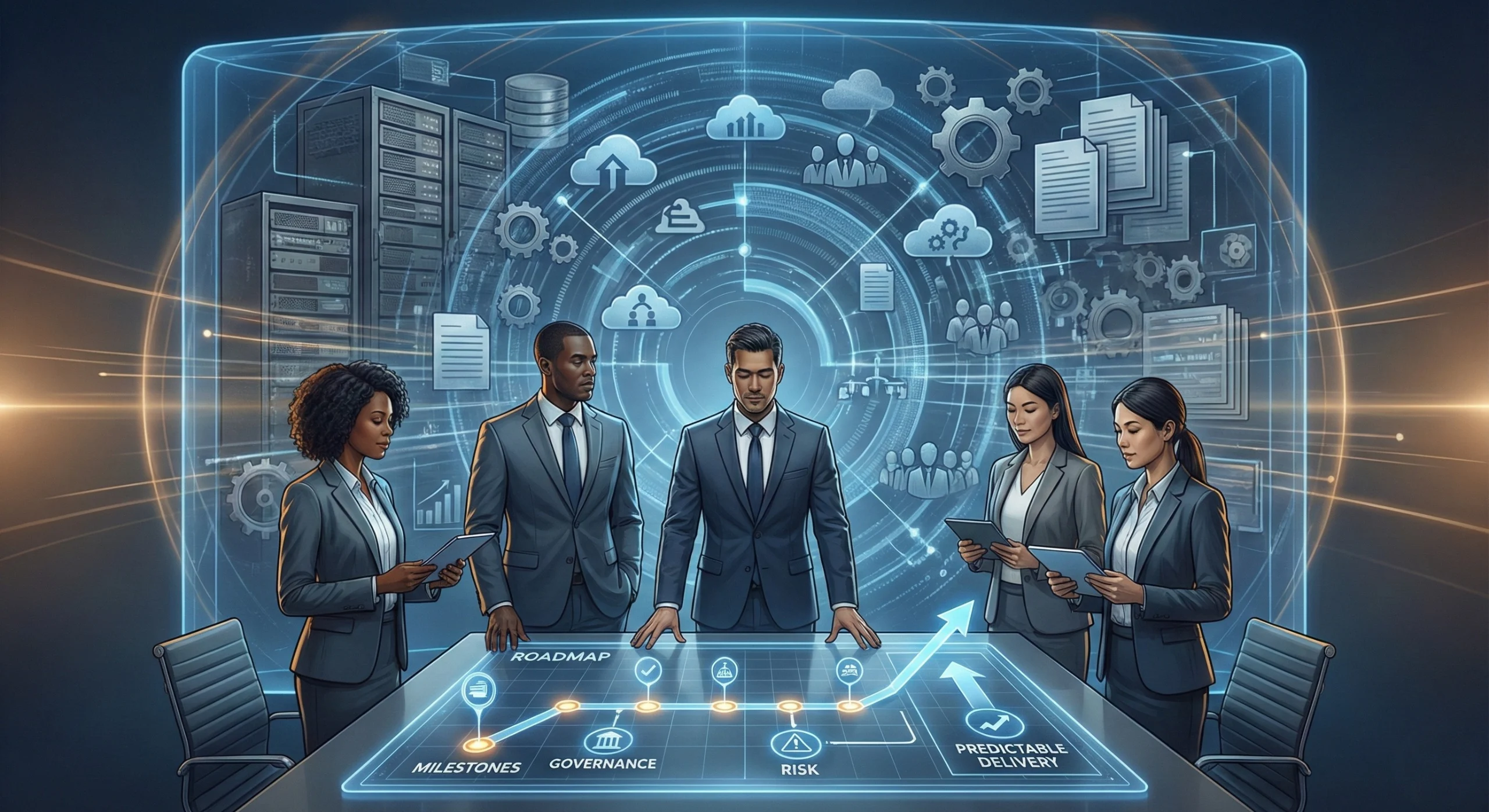 Enterprise program delivery with predictable outcomes, showing dashboards, cross-team coordination, and governance structures