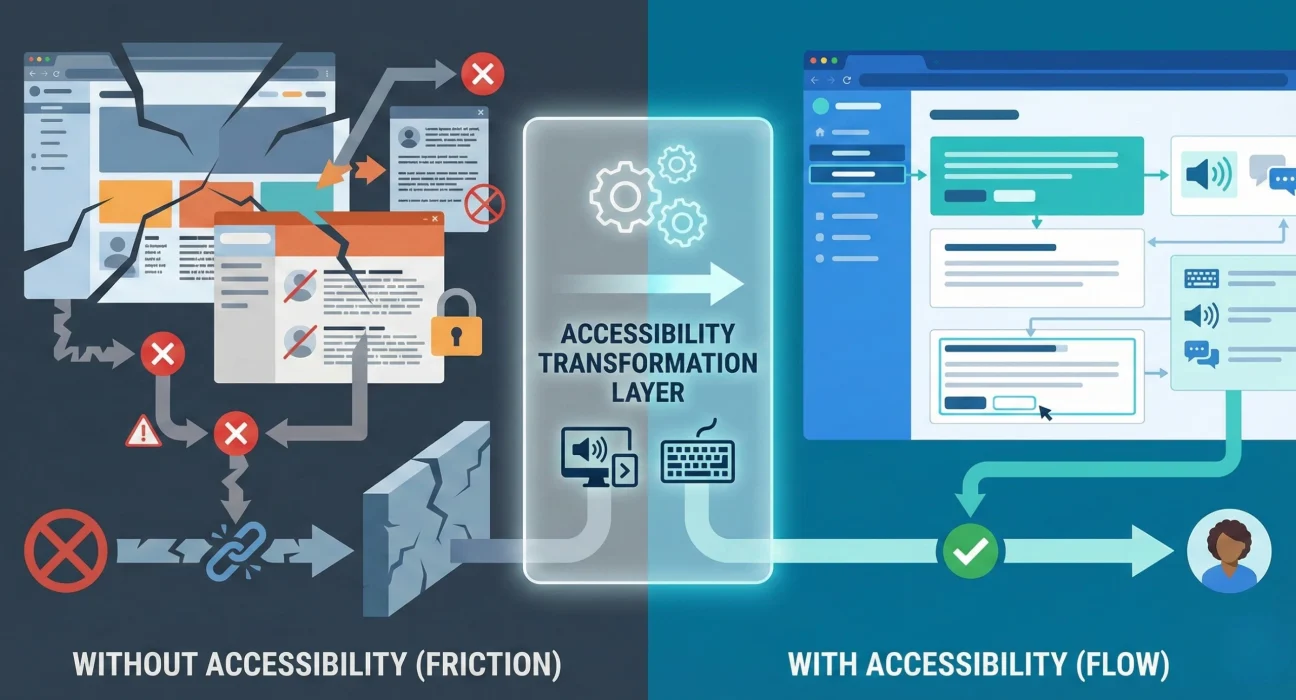 Conceptual illustration showing accessibility-first website design removing digital barriers and enabling inclusive access for all users across enterprise platforms.
