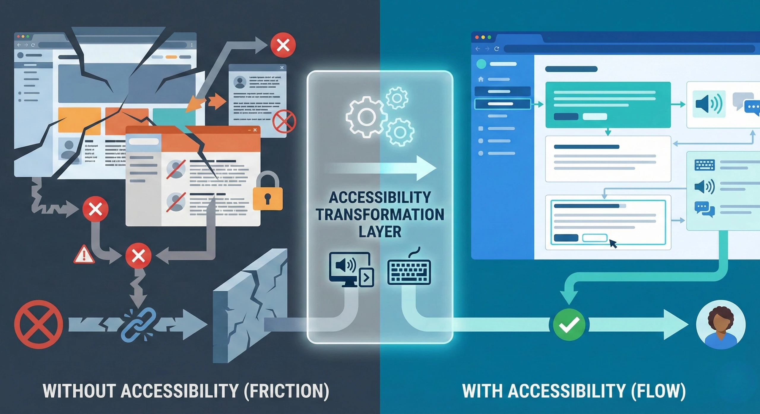 Conceptual illustration showing accessibility-first website design removing digital barriers and enabling inclusive access for all users across enterprise platforms.