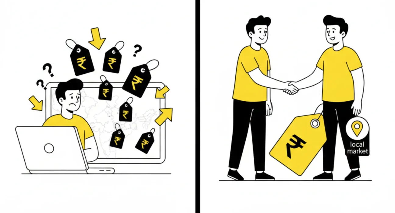 Buyer behaviour on local apps vs e-commerce sites showing direct local negotiation and online browsing comparison