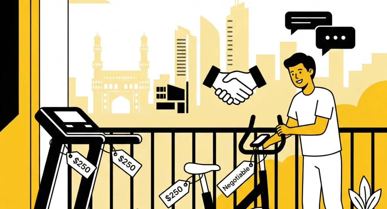 Used gym equipment in Hyderabad including treadmill, dumbbells and exercise cycle listed for sale on local classifieds