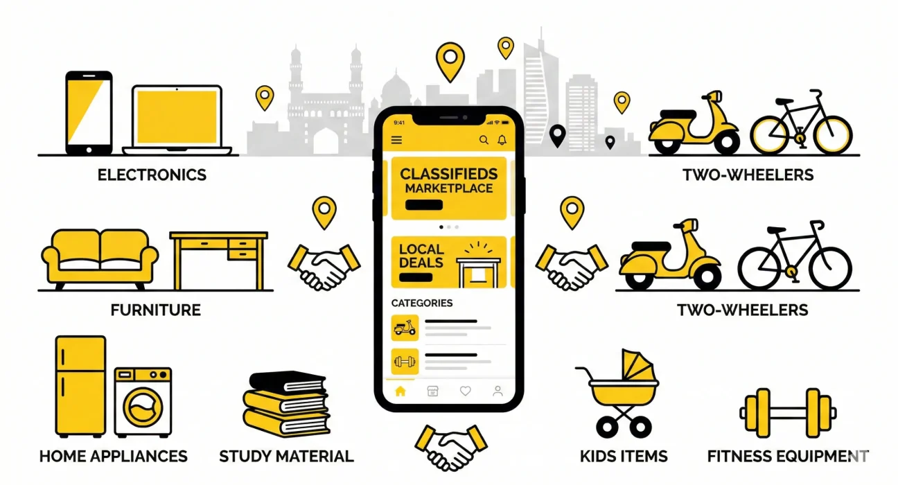 Local classifieds in Hyderabad showing phones furniture bikes appliances and books for sale nearby