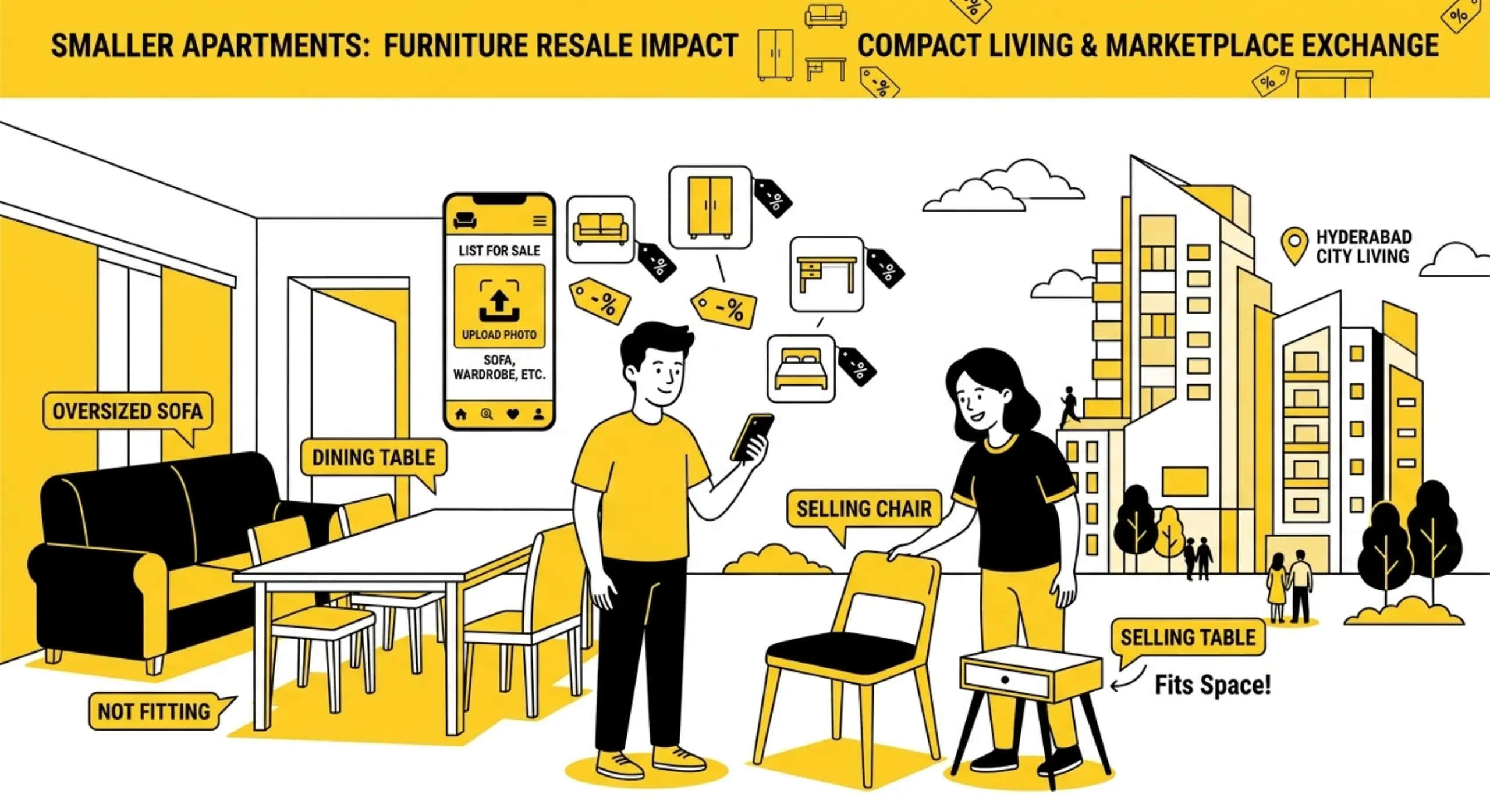 Hyderabad furniture resale showing people selling and buying used sofa and tables locally