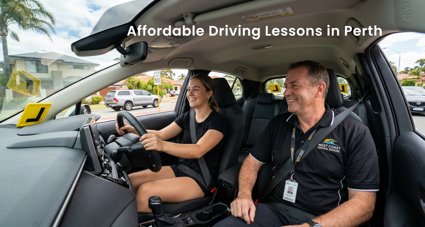 Young female learner driver smiling behind the wheel during affordable driving lessons in Perth