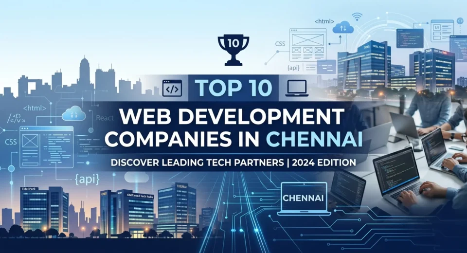 Top 10 Web Development Companies in Chennai banner showing tech city and developers