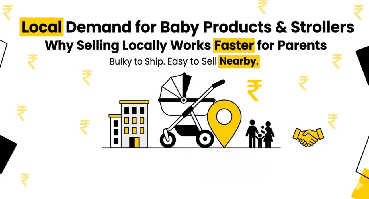 Parent inspecting a used baby stroller during a local resale meetup in Hyderabad apartment complex