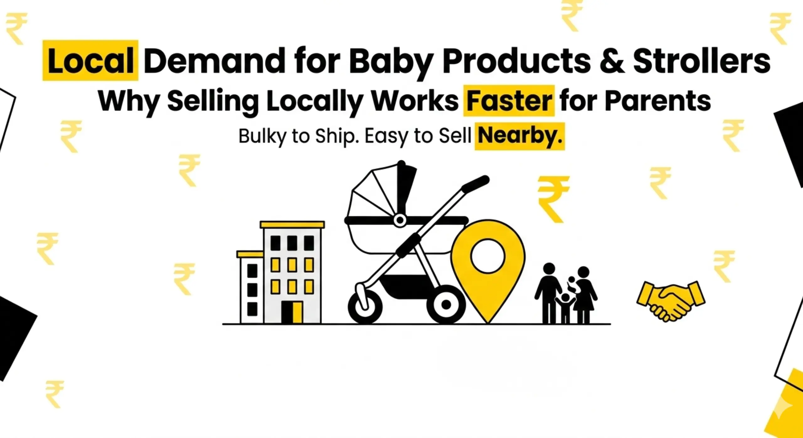 Parent inspecting a used baby stroller during a local resale meetup in Hyderabad apartment complex