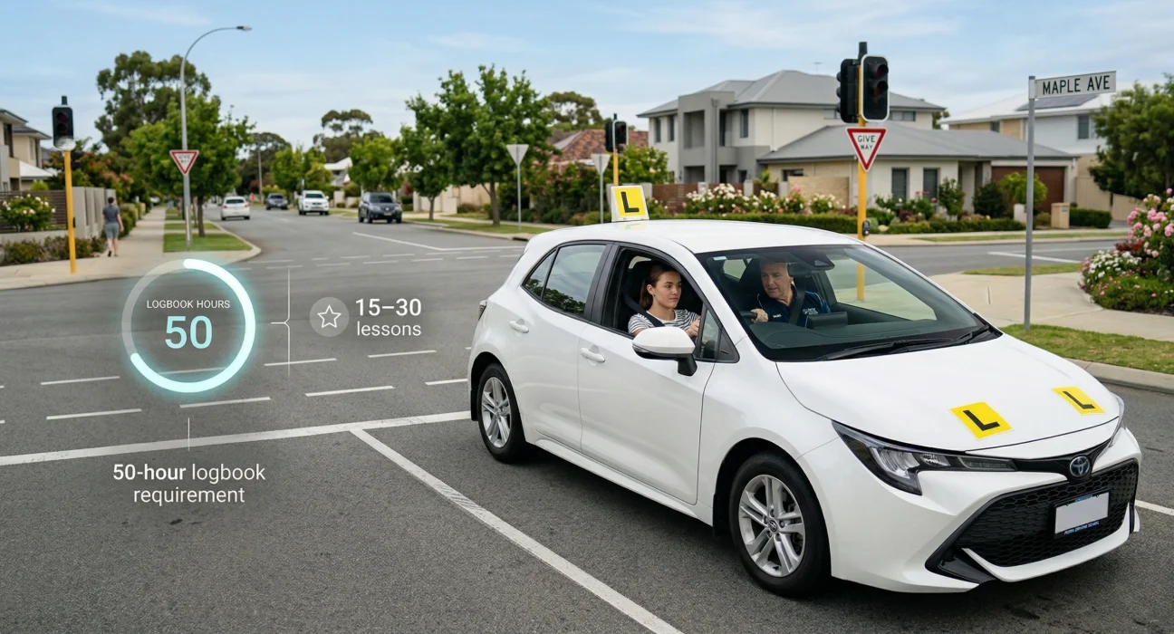 Beginner driver taking professional driving lessons in Perth with instructor to pass driving test fast