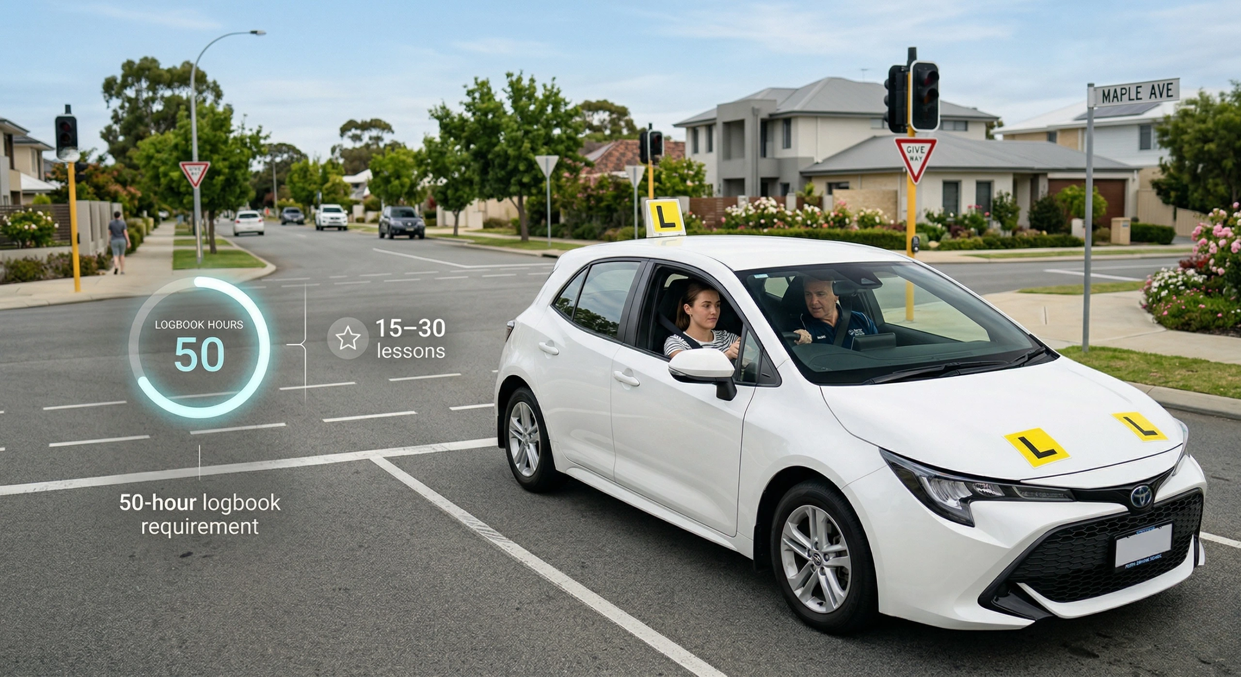 Beginner driver taking professional driving lessons in Perth with instructor to pass driving test fast