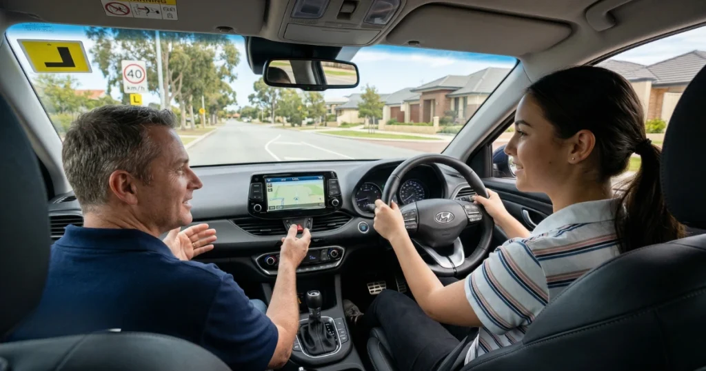 Perth driving lessons with instructor teaching learner driver in car