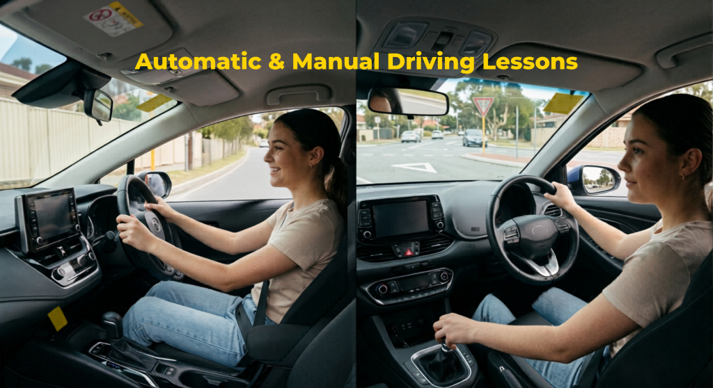 Automatic and manual driving lessons in Perth with instructor teaching learner driver on city roads