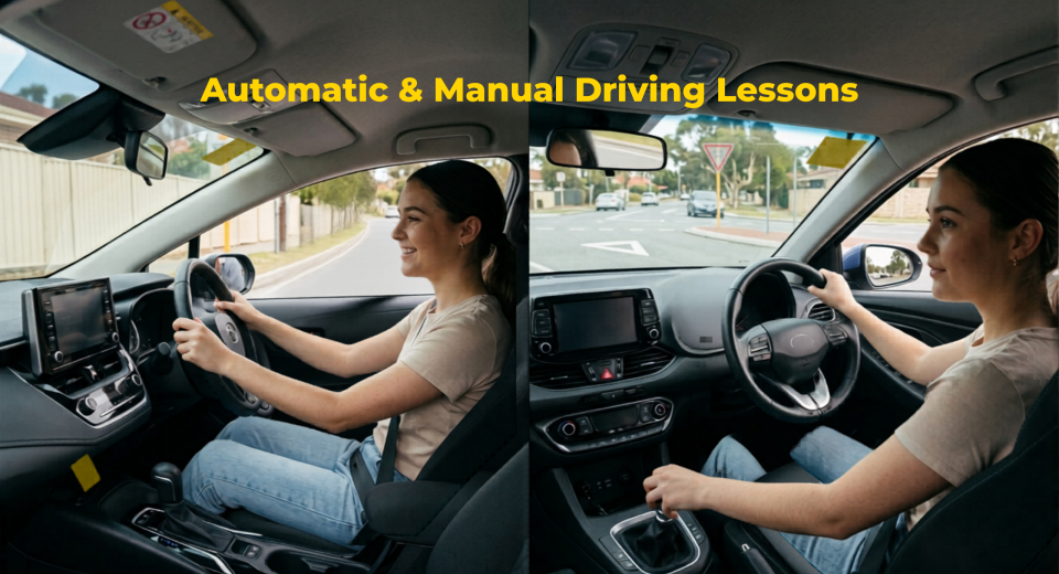 Automatic and manual driving lessons in Perth with instructor teaching learner driver on city roads