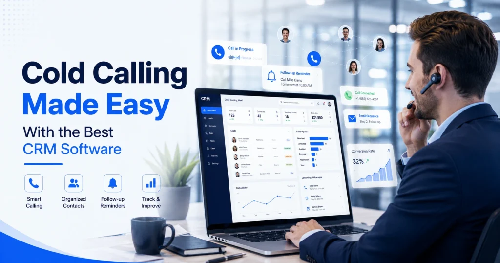 A professional salesperson using CRM software on a laptop while making a cold call with a wireless headset in a modern office. The screen displays sales dashboards, lead management tools, follow-up reminders, and analytics.