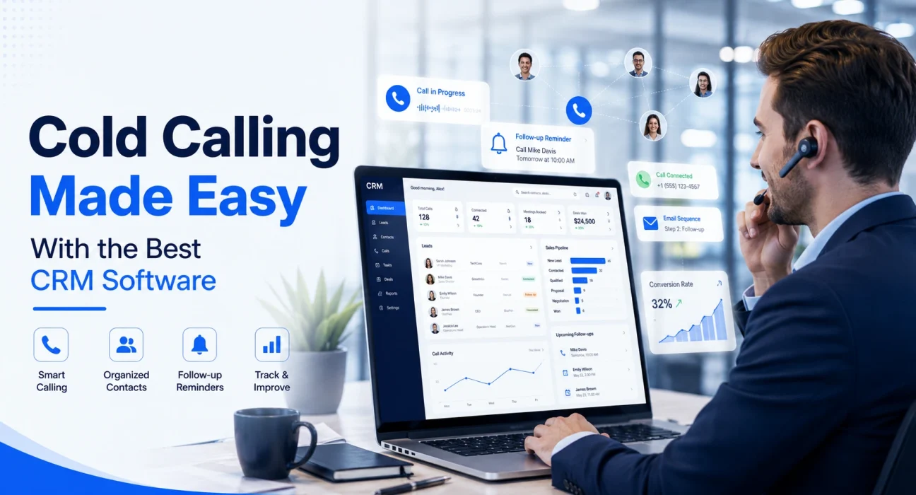 A professional salesperson using CRM software on a laptop while making a cold call with a wireless headset in a modern office. The screen displays sales dashboards, lead management tools, follow-up reminders, and analytics.